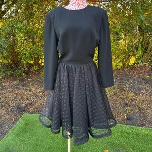 Vintage 1990s Bill Blass Evening Black Cocktail Dress Polka Dot Skirt Size‎ 8